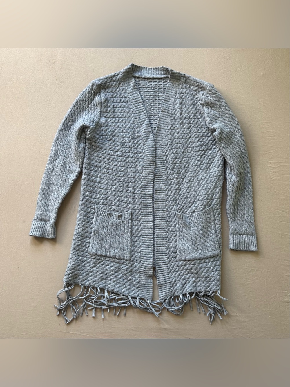 Bohemian Cable Knit Fringe Hem open-front cardigan